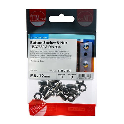 TIMCO Button Socket & Nut - A2 SS M6 x 12 Pack 8