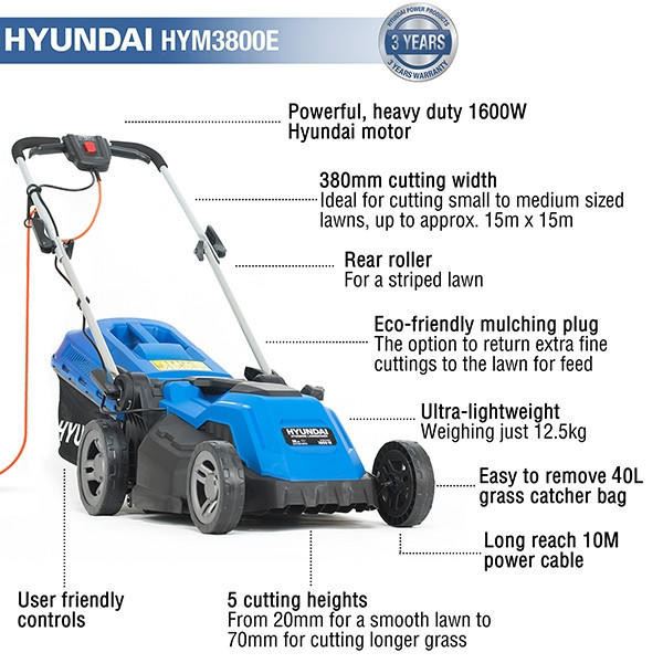 Hyundai HYM3800E Electric Lawn Mower 1600W 230V 240V 38cm Corded Mulching Garden Mower Garden Grass Cutting