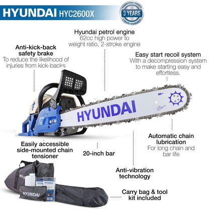 Hyundai HYC6200X Petrol Chainsaw 62cc Easy Start 2-Stroke Garden Saw Tree Log Cutting Garden Saw