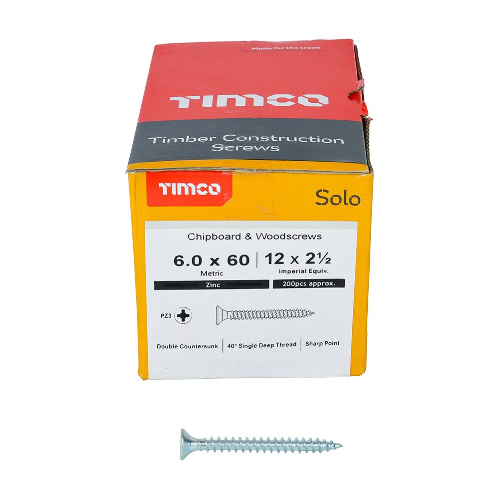 TIMCO Solo Woodscrew PZ3 CSK Zinc 6.0 x 60 Silver Pack 200