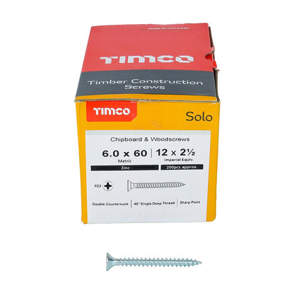 TIMCO Solo Woodscrew PZ3 CSK Zinc 6.0 x 60 Silver Pack 200