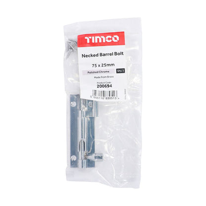 TIMCO Nkd. Barrel Bolt Pol. Chrome 75 x 25mm Pack 1