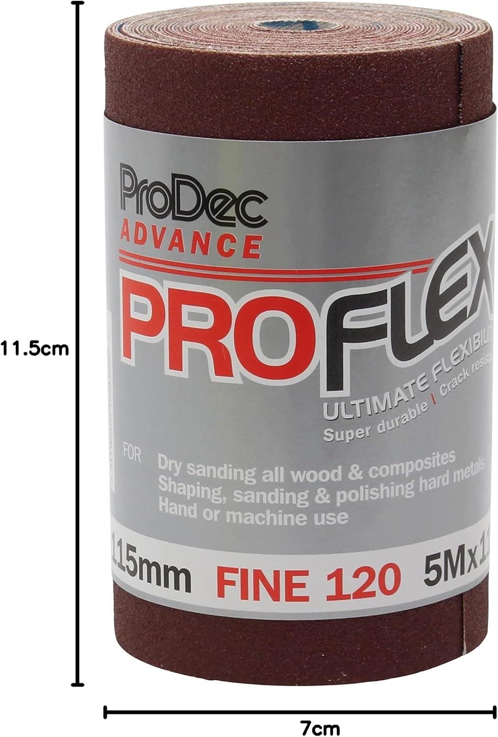 ProDec Advance ProFlex 120 Grit Fine Abrasive Sanding Roll 5m x 115mm – Flexible Low-Clog Aluminium Oxide Cloth for Hand or Machine Sanding