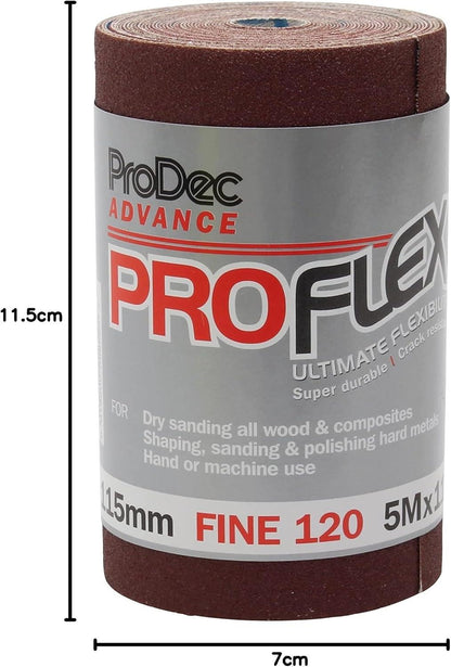 ProDec Advance ProFlex 120 Grit Fine Abrasive Sanding Roll 5m x 115mm – Flexible Low-Clog Aluminium Oxide Cloth for Hand or Machine Sanding