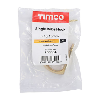 TIMCO Single Robe Hook Pol. Brass 44 x 18mm Pack 1