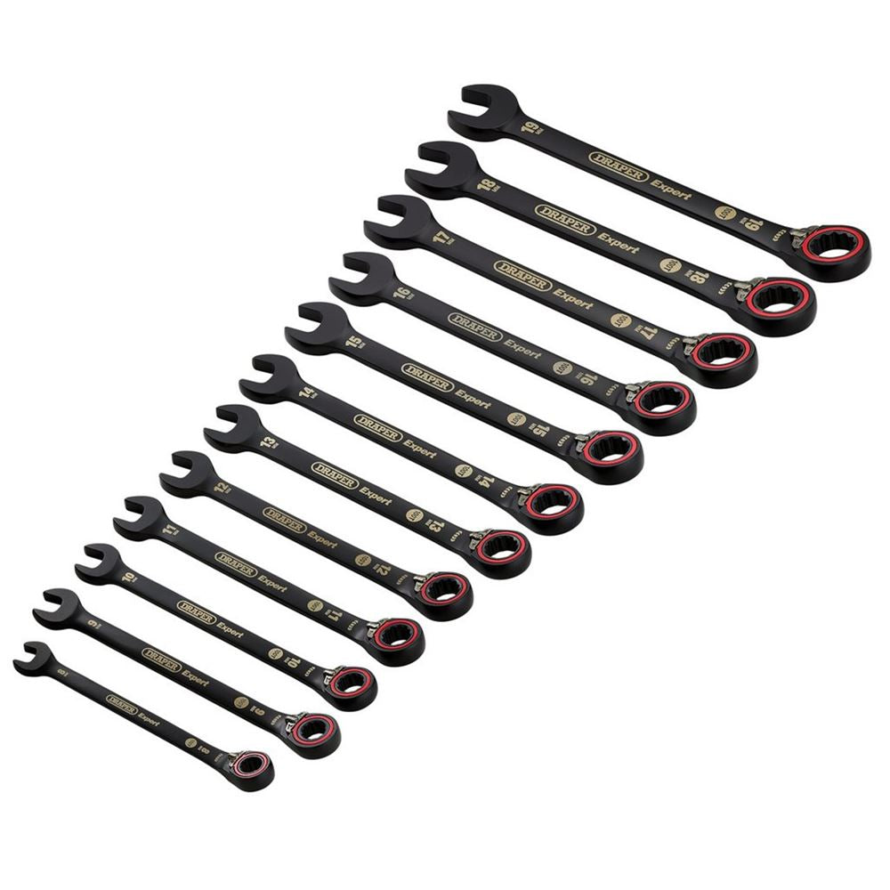 Draper 12PC REVERS.RATCHET SPAN. SET 03912 HI-TORQÂ® Metric Reversible Ratchet Combination Spanner Set, Black (12 Piece)