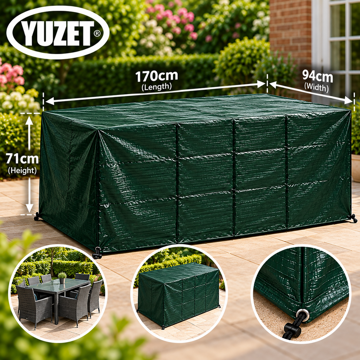 Yuzet XT 6 Seater Rectangular Garden Table Cover Green 170 x 94 x 71cm 100% Waterproof UV Resistant Outdoor Furniture Protector