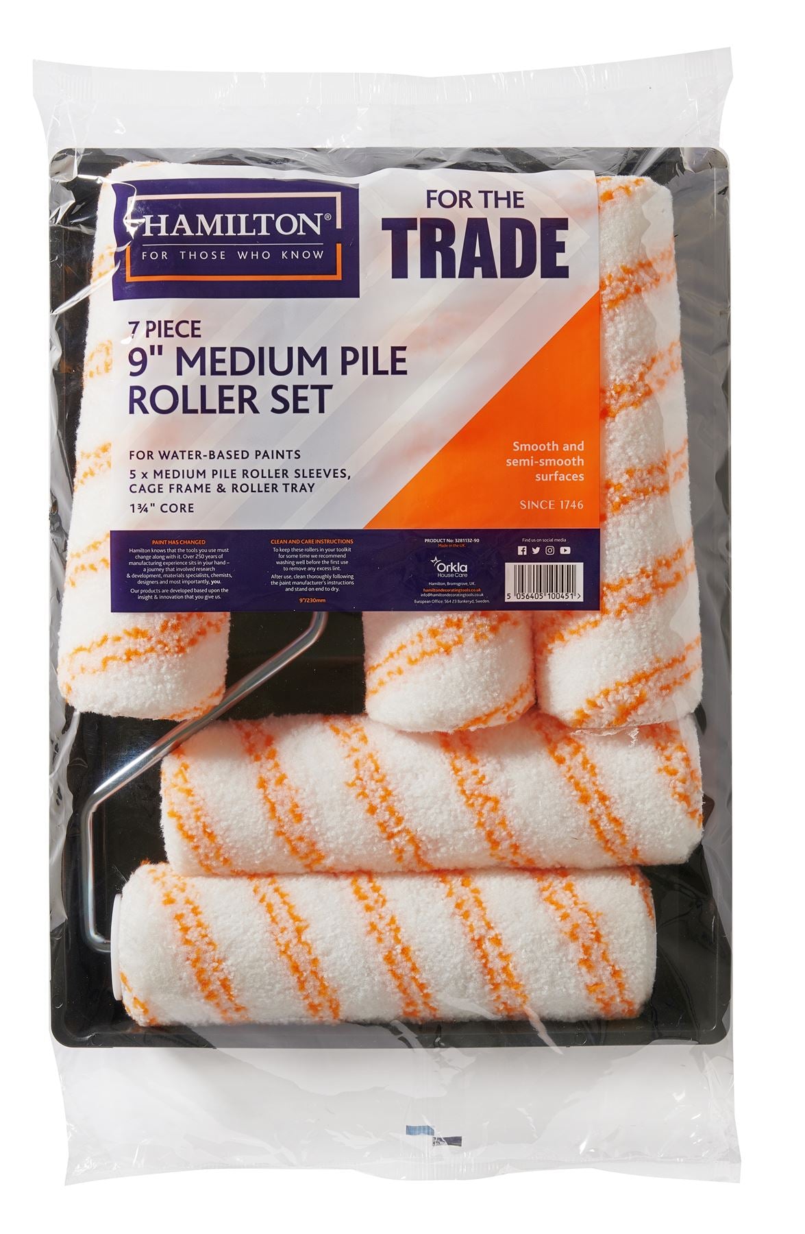 For The Trade 7 Piece 9in Medium Pile Paint Roller Set with Tray Frame and Sleeves for Interior Decorating