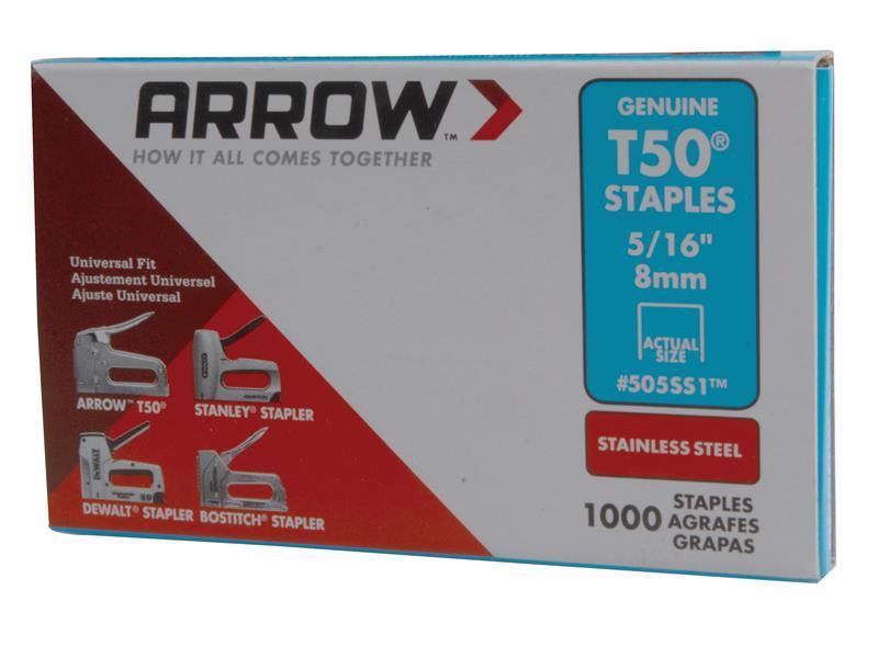 Arrow A505SS1 T50 Staples Stainless Steel 505SS 8mm ( 5/16in) Box 1000