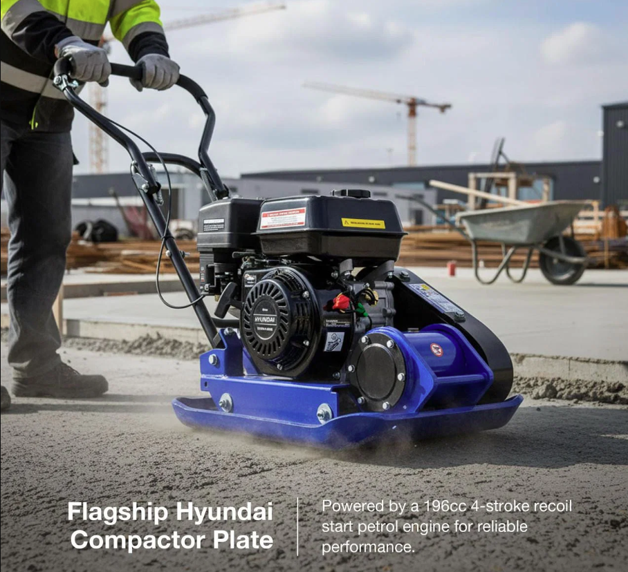 Hyundai HYCP9070 196cc Petrol Plate Compactor / Wacker Plate 81.5kg with Wheel Kit, Paving Pad & 300 mm Compaction Depth