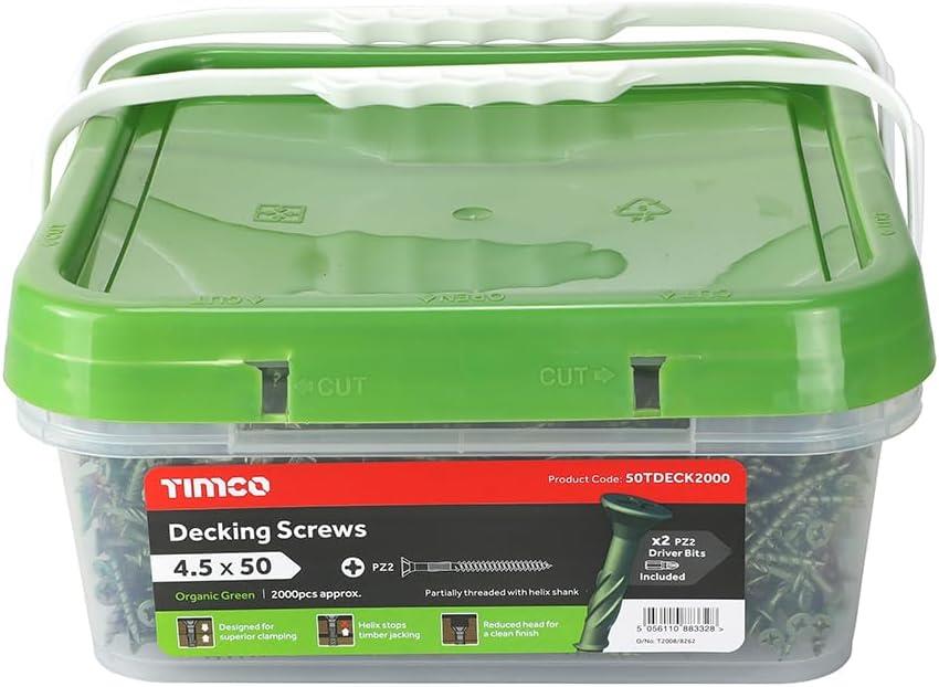 TIMCO 50TDECK2000 Decking Screws 4.5 x 50mm Green Pack of 2000 – PZ2 Double Countersunk Exterior Timber Decking Screws