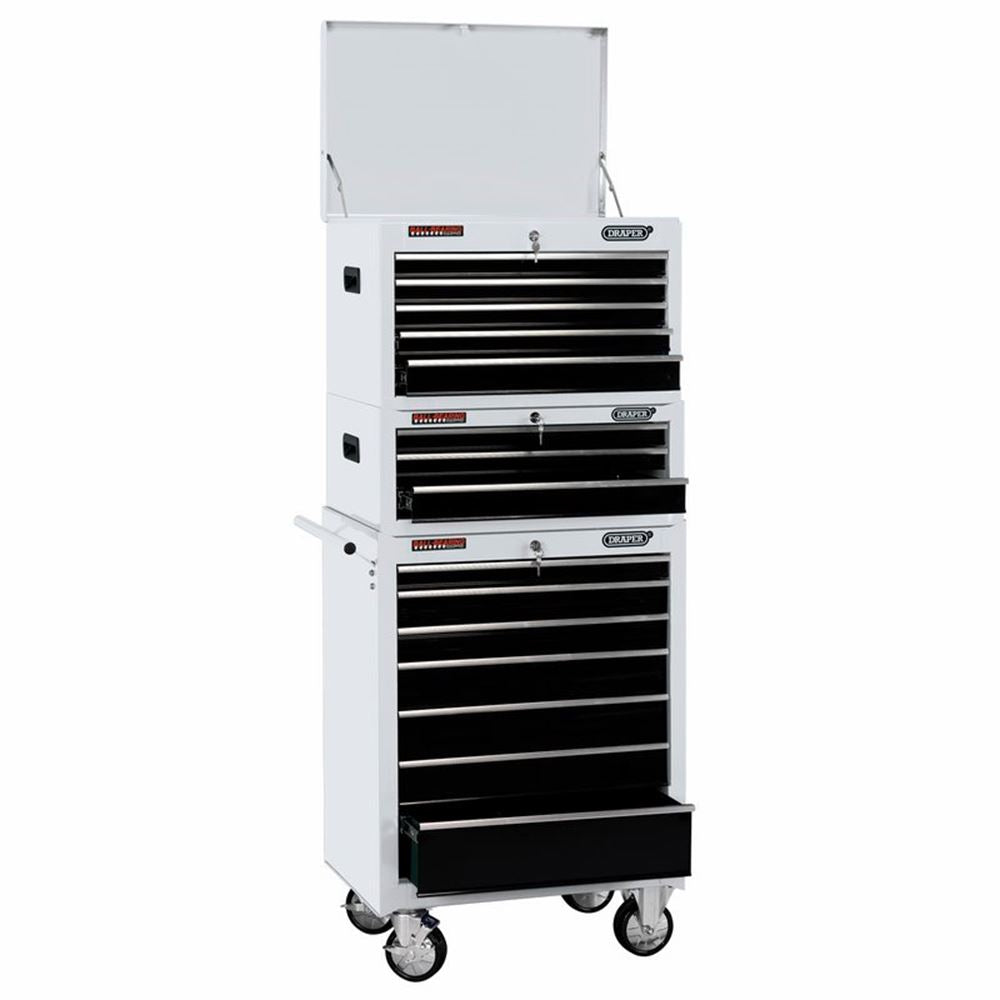 04597 Draper Expert Expert Combined Roller Cabinet and Tool Chest, 15 Drawer, 26 , Whi Combined Cabinets and Chests Professional Trade DIY Workshop