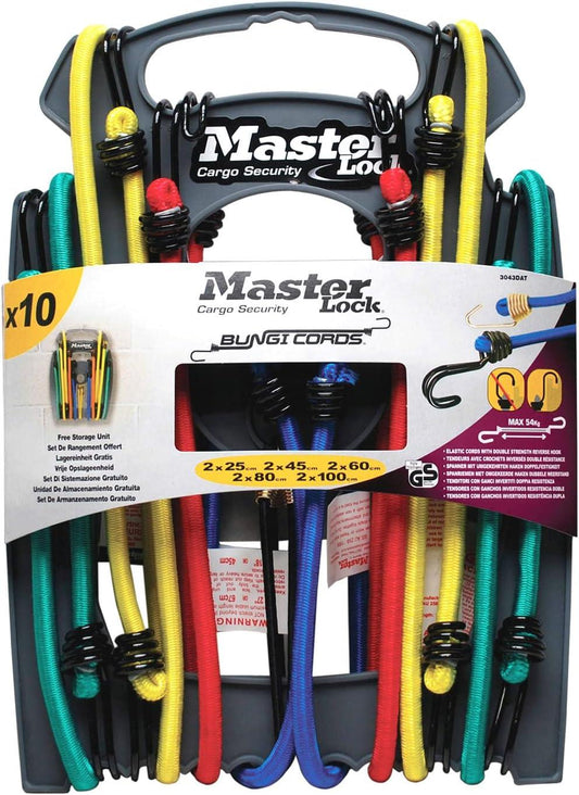 Master Lock Set of 10 Bungee Cords Ideal for Transporting, Packing and Securing Loads, Multiple Sizes