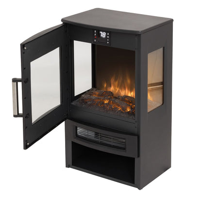 Baridi DH123 Panoramic Electric Stove Heater with LED Flame Effect & Log Storage 1800W - Black | 230V ~ 50Hz, Thermostat, Timer, Remote Control