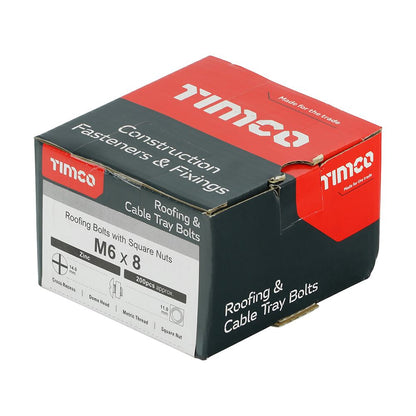 TIMCO Roofing Bolt & SQ Nut Zinc M6 x 8 Silver Pack 200