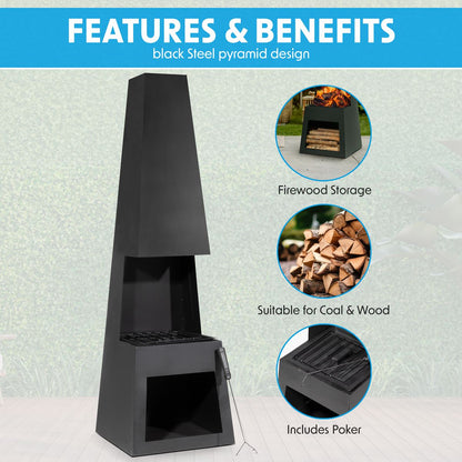 Dellonda DG107 Outdoor Chiminea Fireplace Fire Pit Heater Firewood Storage Black Steel | Stylish chiminea is perfect for relaxing outdoors with family
