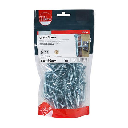 TIMCO Coach Screws Hex Head Silver  - 6.0 x 50 TIMbag OF 120 - 0650CSCB