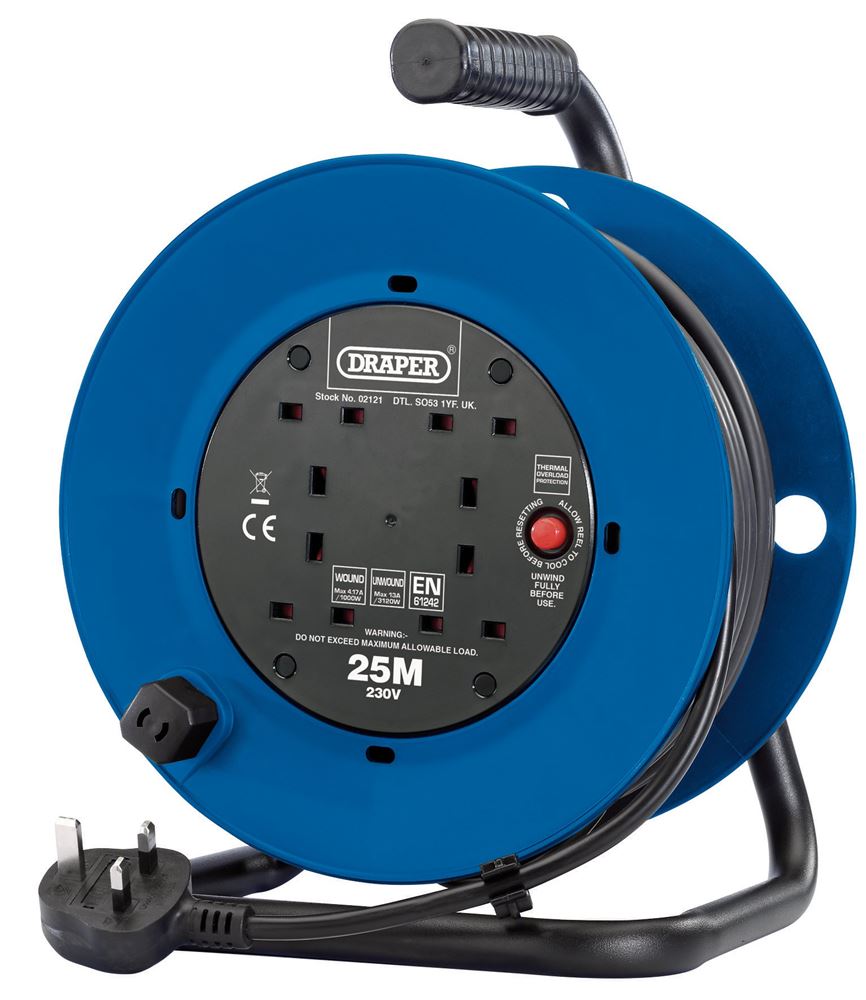 02121 Draper 230V Four Socket Industrial Cable Reel, 25m DCR2513ID Extension Leads Professional Trade DIY Workshop Garage Use