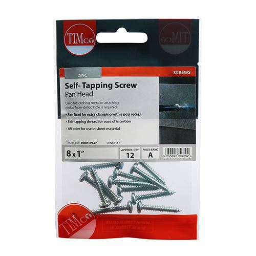 TIMCO S/Tapping Screw PZ2 PAN - BZP 8 x 1 Silver Pack 12