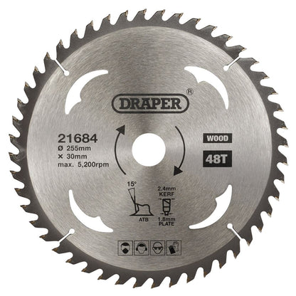 Draper TCT SAW BLADE 255MM 48T WOOD 21684 TCT Circular Saw Blade for Wood, 255 x 30mm