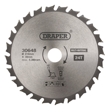 Draper TCT SAW BLADE 210MM 24T MULTI 30648 TCT Multi-Purpose Circular Saw Blade, 210 x 30mm