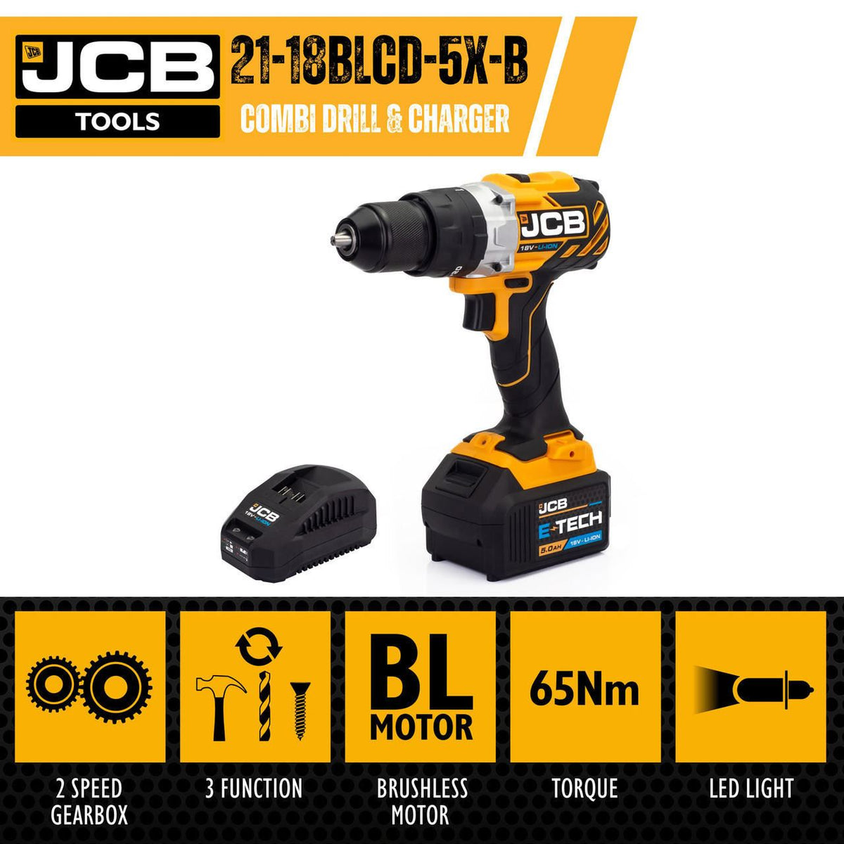 JCB JCB-18BLCD-5X-B Cordless Combi Drill 18V 65Nm Brushless 5.0Ah 2.4A Charger Hammer Drill Driver Cordless Drill