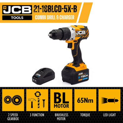 JCB JCB-18BLCD-5X-B Cordless Combi Drill 18V 65Nm Brushless 5.0Ah 2.4A Charger Hammer Drill Driver Cordless Drill