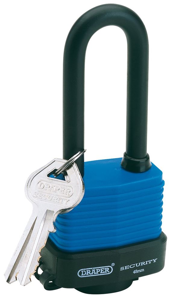 Draper W/PROOF LAM.STEEL P/LOCK 45MML 64177 Laminated Steel Padlock with Extra Long Shackle