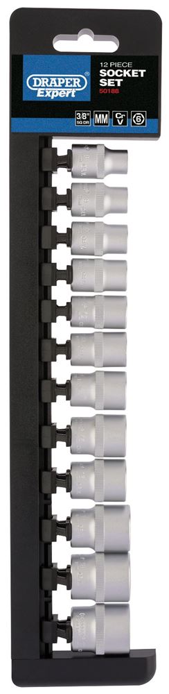 Draper 3/8 6PT 12PC SOCKET RAIL SET 50188 Metric Socket Set, 3/8" Sq. Dr. (12 Piece)