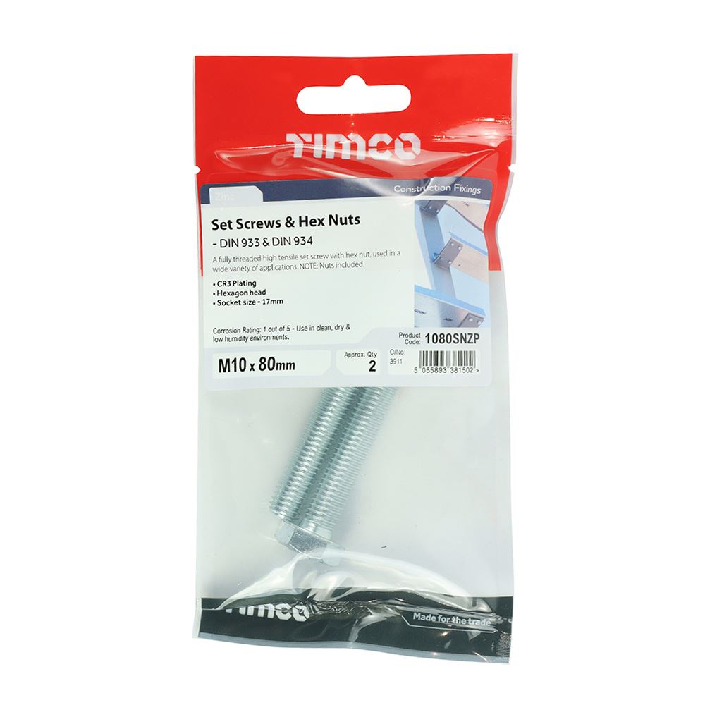 TIMCO Set Screw & Hex Nut - BZP M10 x 80 Silver Pack 2