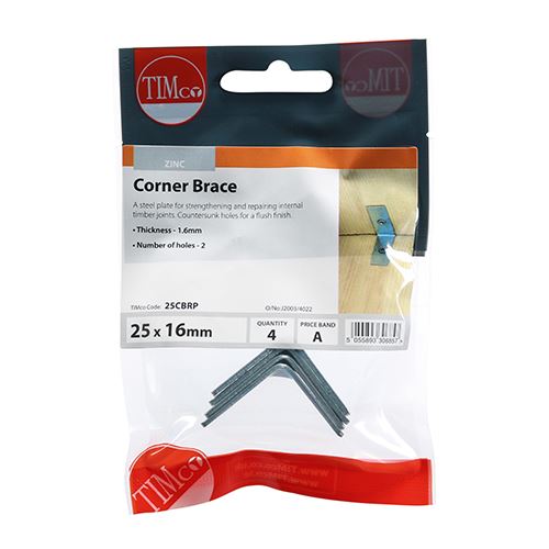 TIMCO Corner Brace - BZP 25 x 25 x 16 Silver Pack 4