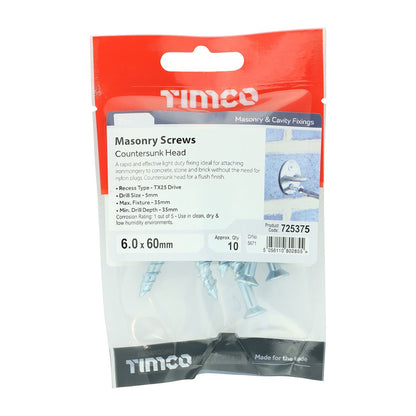 TIMCO Multi-Fix Masonry Screw - CSK 6.0 x 60 Silver Pack 10