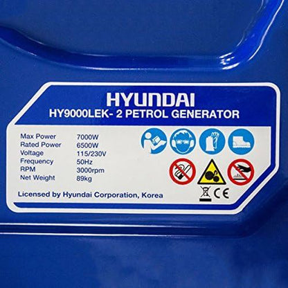 Hyundai HY9000LEK-2 Petrol Generator 7kW 8.75kVA Recoil Electric Start Portable Site Power Backup Power Portable Backup Site Power