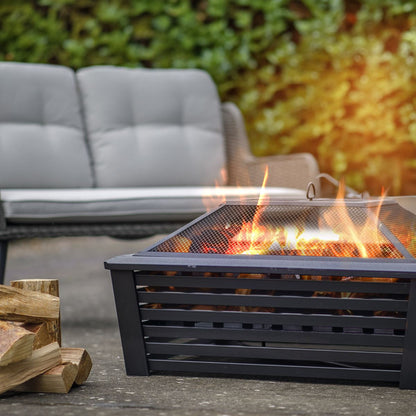 Dellonda DG43 89cm Square Outdoor Fire Pit, Black | Safety Screen | Contemporary style square fire pit is perfect for relaxing outdoors with family
