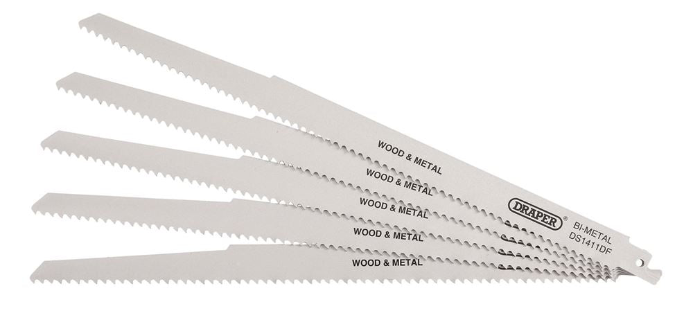 Draper RECIP SAW BLADE 5PCS - S1411DF 38756 Bi-metal Reciprocating Saw Blades for Multi-Purpose Cutting, 300mm, 6tpi (Pack of 5)