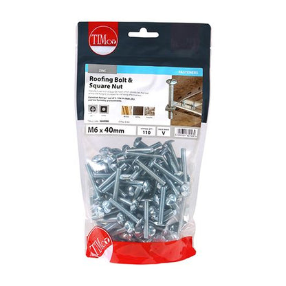 TIMCO Roofing Bolt & SQ Nut - BZP M6 x 40 Silver Pack 110