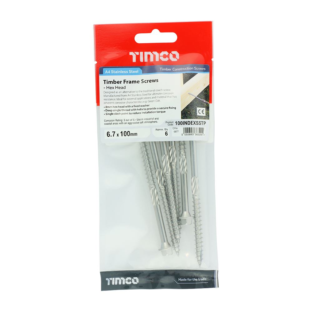 TIMCO Hex Head Timber Screw - A4 SS 6.7 x 100 Pack 6