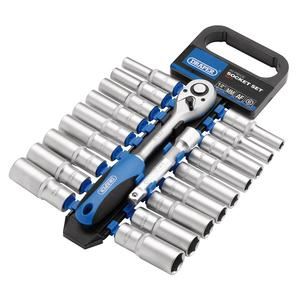 Draper 20PC 1/2 SOCKET SET P/RACK 16377 1/2" Sq. Dr. Combined MM/AF Deep Socket and Ratchet Set (20 Piece)