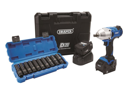 Draper D20 IMPACT & SOCKET COMBO 04791 D20 20V Brushless Mid-Torque Impact Wrench Kit, 1/2" Sq. Dr. & Metric Deep Impact Socket Set (10 Piece)