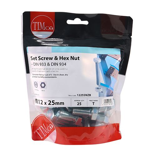 TIMCO Set Screw & Hex Nut - BZP M12 x 25 Silver Pack 25