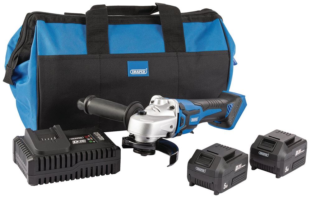 DRAPER 99730 - D20 20V 115mm Brushless Grinder Kit (+2 x 5Ah Batteries, Charger and Bag)