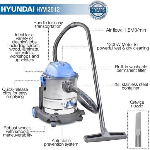 Hyundai HYVI2512 Vacuum Cleaner 25L 16kPa Wet Dry Vac 1200W 3 in 1 Wet Dry Vacuum Workshop Vac Workshop Wet Dry Vac