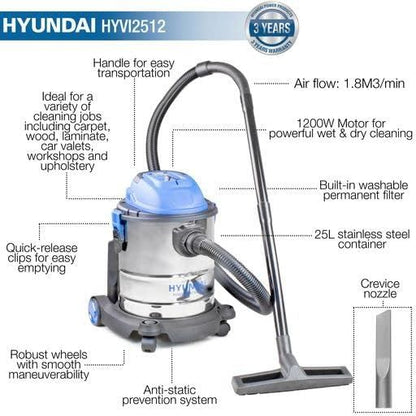 Hyundai HYVI2512 Vacuum Cleaner 25L 16kPa Wet Dry Vac 1200W 3 in 1 Wet Dry Vacuum Workshop Vac Workshop Wet Dry Vac