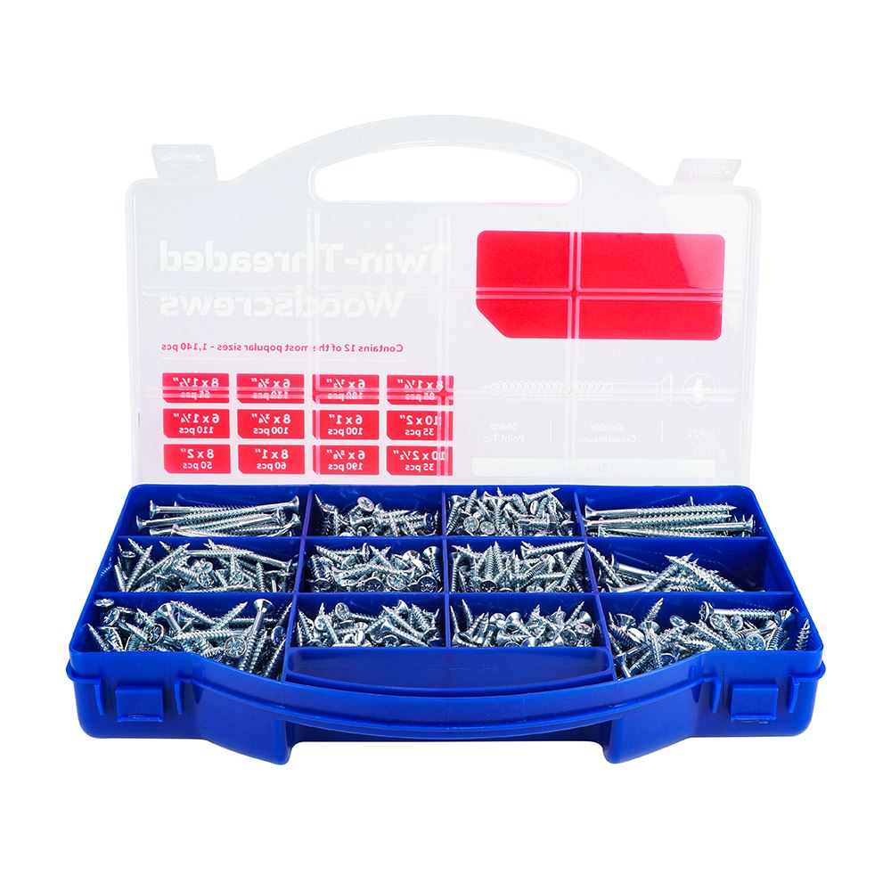 TIMCO Twin Woodscrew Mixed Tray Zinc 1,140pcs Silver Pack 1
