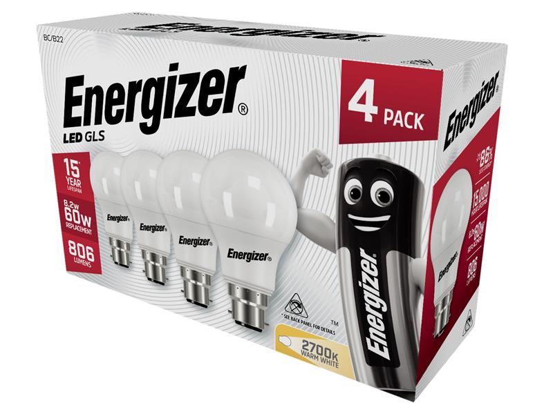 Energizer� S14056 LED BC (B22) Opal GLS Non-Dimmable Bulb, Warm White 806 lm 8.2W (Pack 4)