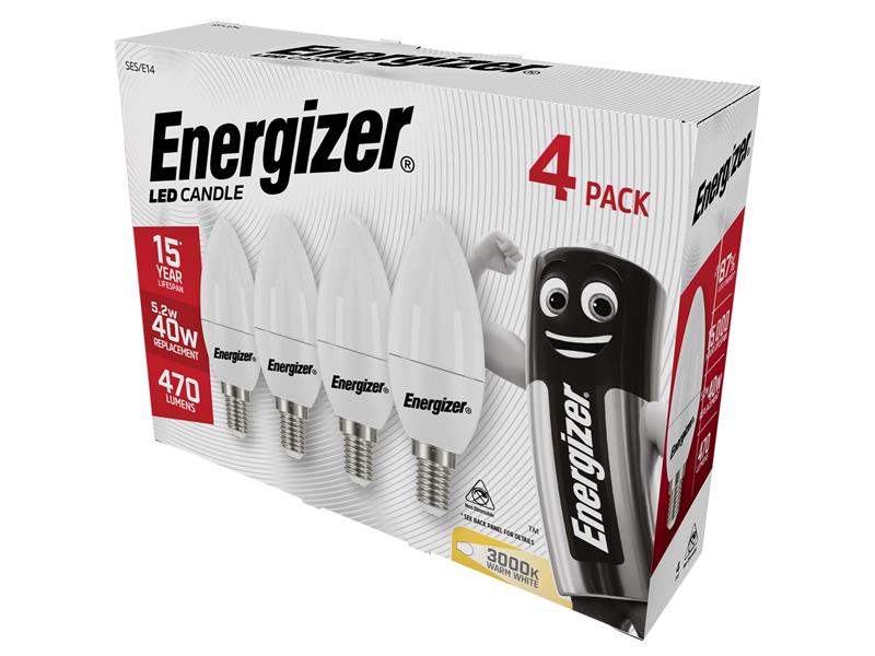 Energizer� S14330 LED SES (E14) Opal Candle Non-Dimmable Bulb, Warm White 470 lm 5.2W (Pack 4)