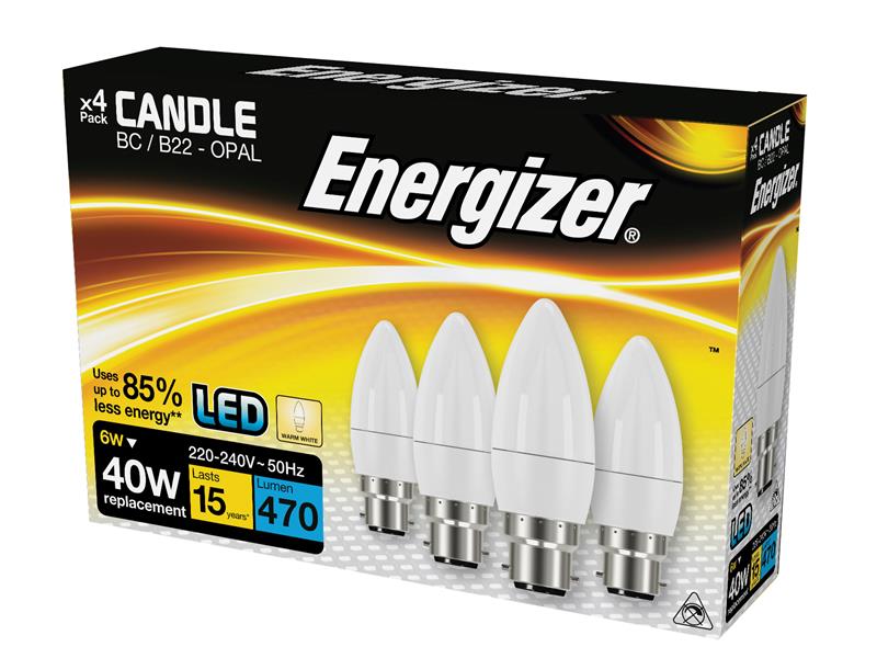 Energizer� S14331 LED BC (B22) Opal Candle Non-Dimmable Bulb, Warm White 470 lm 5.2W (Pack 4)