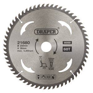 Draper TCT SAW BLADE 250MM 60T WOOD 21680 TCT Circular Saw Blade for Wood, 250 x 30mm