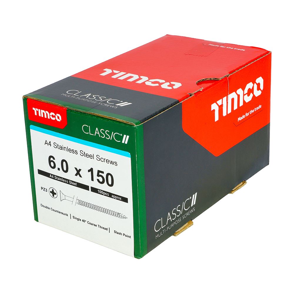 TIMCO Classic Screw PZ3 CSK A4 SS 6.0 x 150 Pack 100