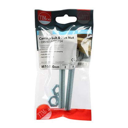 TIMCO Carriage Bolt & Hex Nut - BZP M10 x 100 Silver Pack 2
